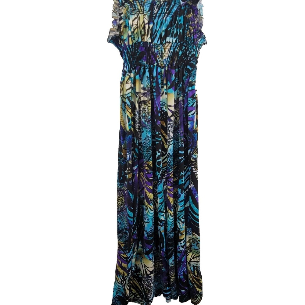 Womens Maxi Dress 1X Blue Purple Abstract Tropical Smocked V-Neck Boho Vacation - Picture 8 of 11